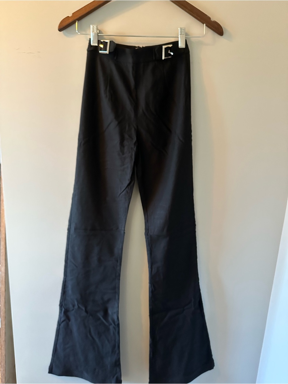 White Fox Boutique Black High-Rise Flared Pants with Buckle Detail